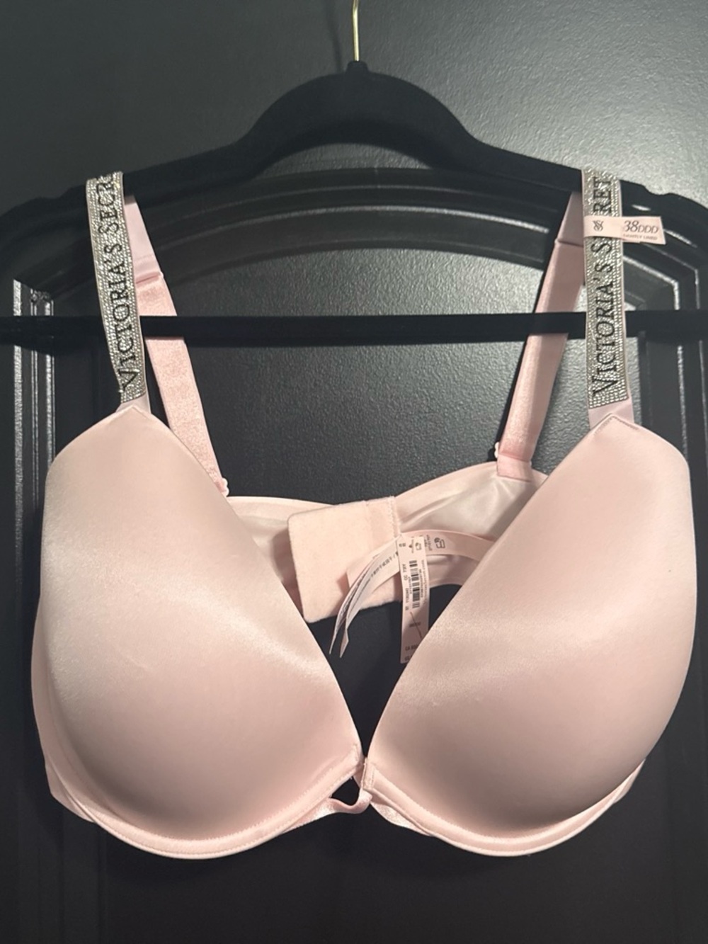 Victoria's Secret Pale Pink Satin Push-Up Bra with Embellished Logo Straps